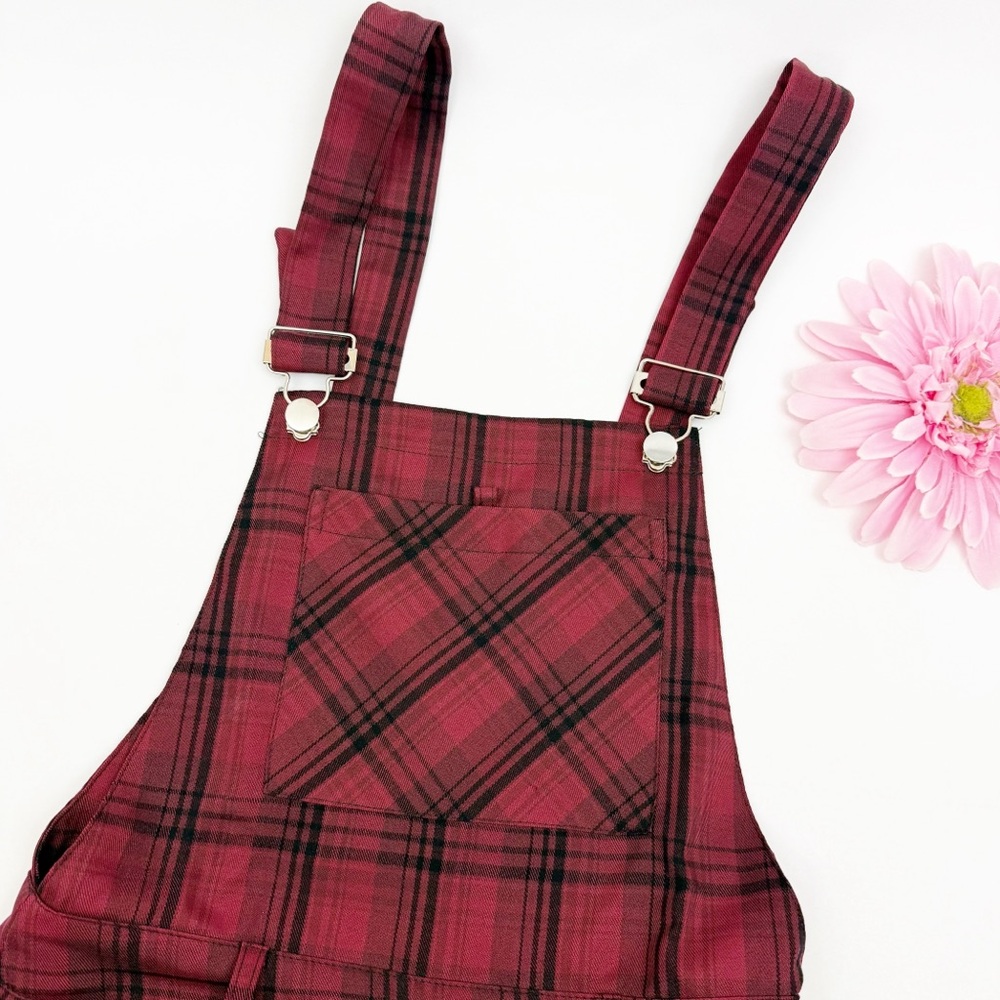 Disturbia Ferreira Mom Dungarees Buffalo Plaid Overalls Goth Grunge Punk Red - Picture 7 of 14